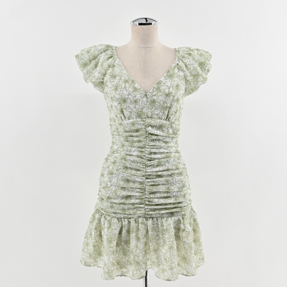 En Saison Monique Ruched Floral‎ Mini Dress Size S Romantic Green Puff Sleeve